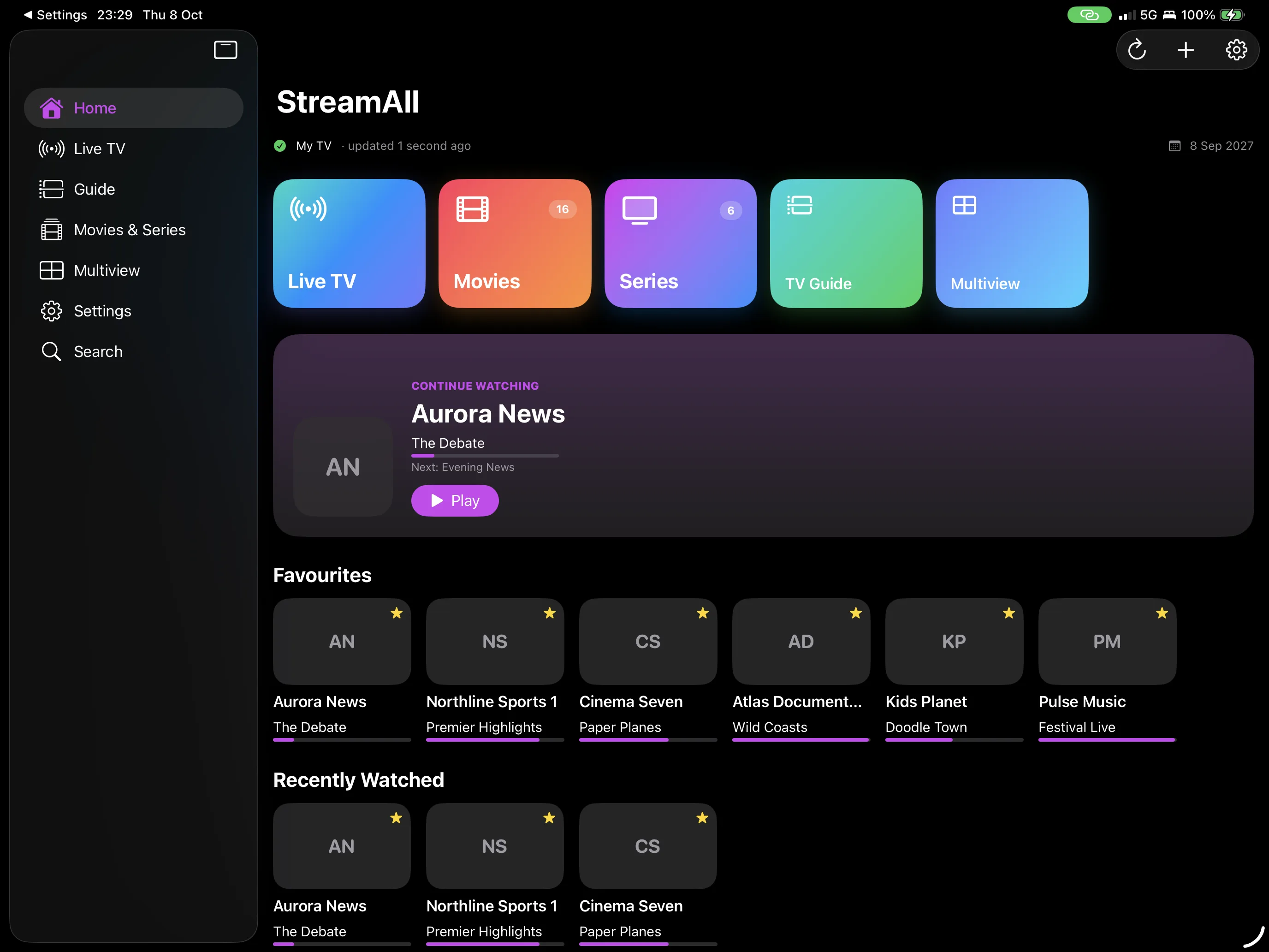 Hectic TV Home on iPad: Live TV, Movies, Series, TV Guide and Multiview tiles, with Continue Watching