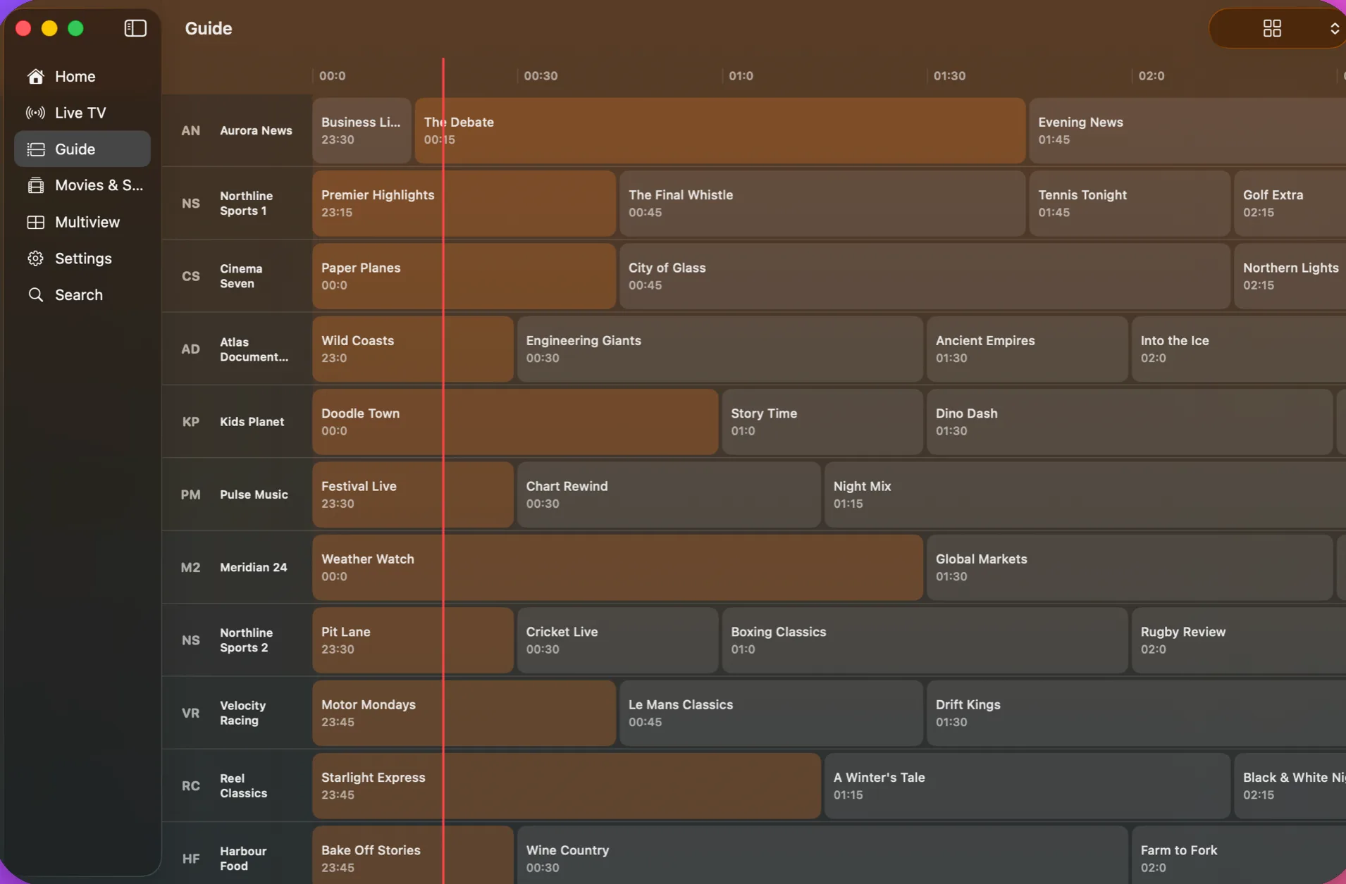 TV guide on Mac with demo channels and a red now line